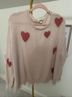 ADORA Blush Pink Crewneck Sweater with Red Heart Motifs